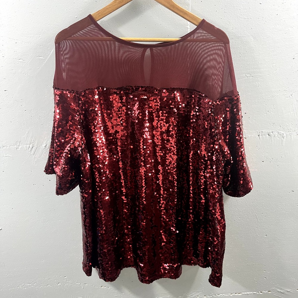 Roamans Womens 1X 22/24 Red Sequin Holiday Party Cocktail Top Mesh Yoke Blouse